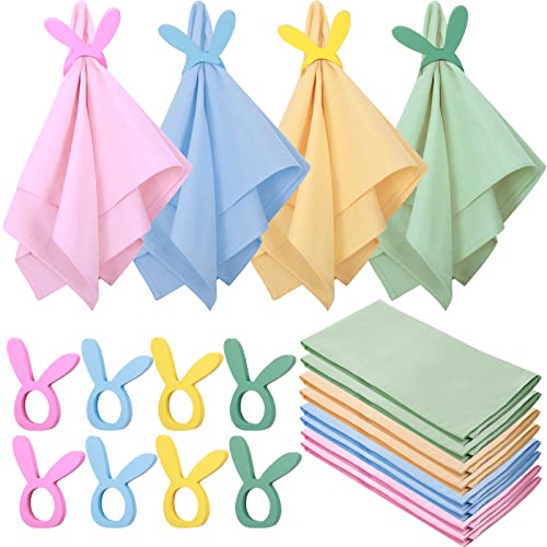 8 Sets Pastel Napkins Cloth With Wooden Bunny Napkin Rings Set Spring Reusable Cotton Fabric Cocktail Napkins Easter Bunny Napkin Rings Holders For Easter Spring Wedding Dinner Table (Simple Styles) #TOP19