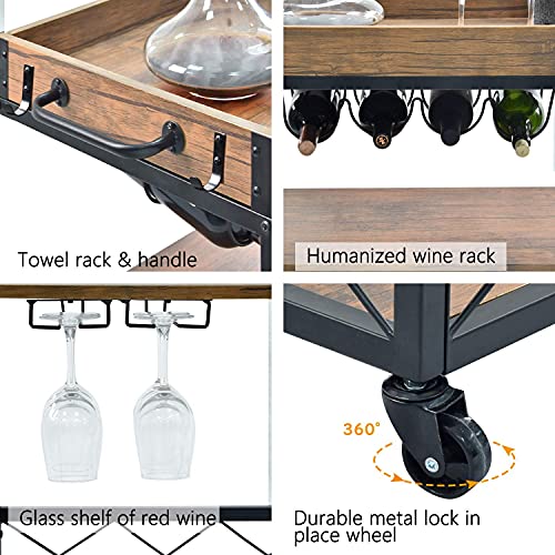 Usinso Industrial Kitchen Serving Carts Rolling Bar Cart With 3 Tier Storage Shelves Bar Carts For The Home With Wine Glass Holder,Lockable Caster Liquor Cart Removable Top Box Container #TOP6