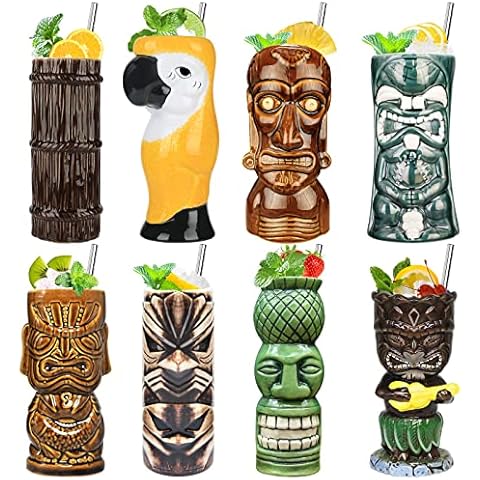 SuproBarware Tiki-Becher-Set, 8-teiliges Cocktailgläser-Set Bunte Keramik-Cocktailbecher Hawaiianische Party-Dekoration Cover
