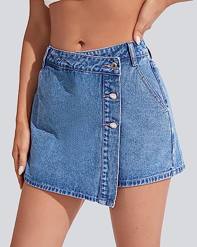 Denim Shorts Women Casual High Waisted Solid Button Up Asymmetrical Denim Jean Skort Skirt Mini Shorts.4