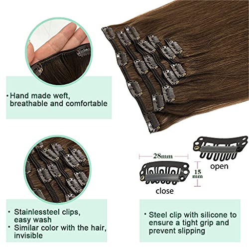 Foto von GOO GOO Clip in Extensions Echthaar, 35cm 14 Zoll 120g 7 Stück Schokoladen Braun Echthaar Extensions Clip Remy Clip in Haarverlängerung Echthaar Extensions