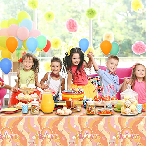 Tiamon 3 Pieces Rainbow Plastic Groovy Tablecloths Retro Hippie Table Covers for Rectangle Table, Disposable Daisy Flower Rainbow Party Decorations for 60s 70s Boho Themed Birthday Carnival Party