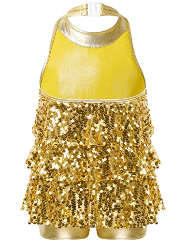 JanJean Kids GirlsSequins Halter Neck Ballet Jazz Modern Latin Dress Ballroom Performance Competition Costume Dancewear Gold 12 Years
