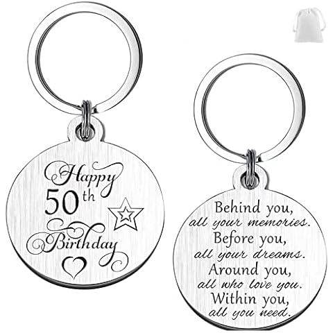 MIOSJI 50th Birthday Gifts for Women Men Double Sides Engraved Keyring Keychain Inspirational ( with Velvet Bag ) 50 Years Old Birthday Keepsake Presents Cover