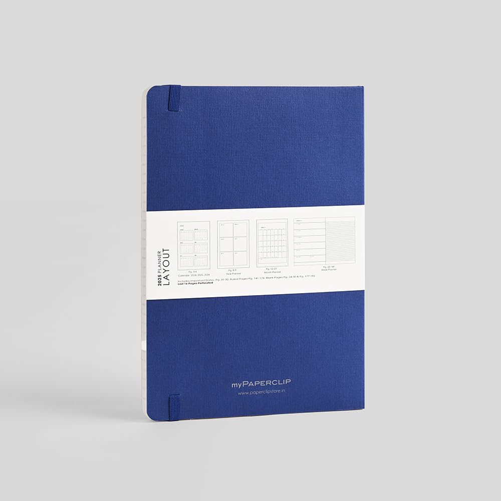 myPAPERCLIP Agenda settimanale 2025, rilegatura a filo, retro disegnato a mano, formato A5 (148 x 210 mm, 14,8 x 21 cm), mirtillo