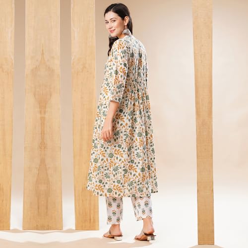 Image of Globus Women Ivory Floral Print A-Line Kurta Set With Trouser-3638388001