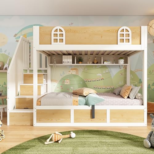 Litera infantil de 90 x 200 cm con armario para escaleras y espacio de almacenamiento, cama doble en color blanco y natural con barandilla de seguridad y somier de láminas, cama para dos niños, sin