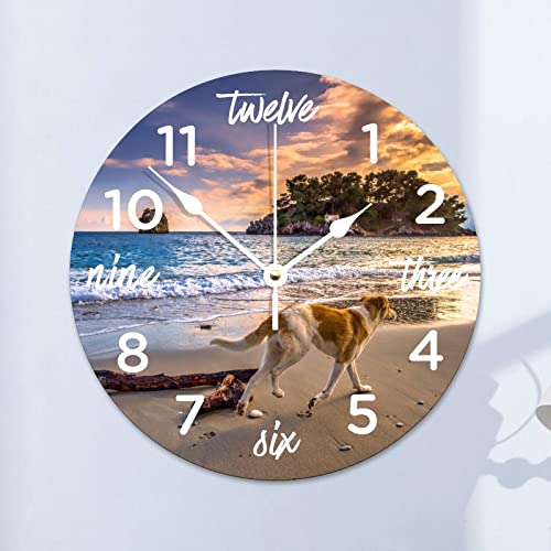 Higoss Sunset Dog Beach Wall Clock Silent Non-Ticking Home Decorative Wall Clocks Battery Operated 10x10 Inch for Home Living Room Kitchen Bedroom