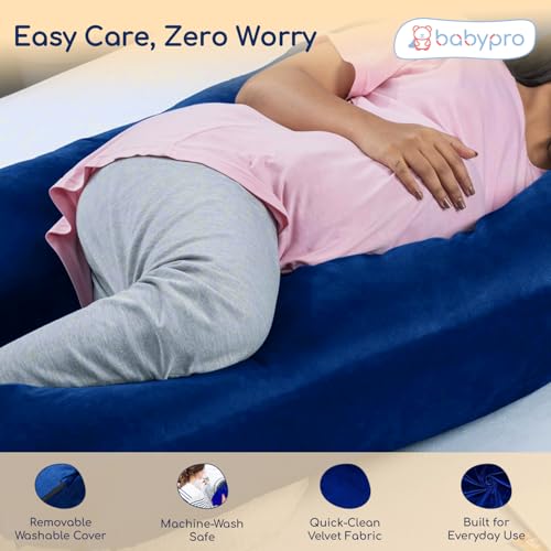 Image of BabyPro J-Shaped Pregnancy Pillow with Silky Cooling Velvet Cover, Blue | Full Body Pillow for Back Pain, Head, Belly, Hips & Knees, Soft Cushion