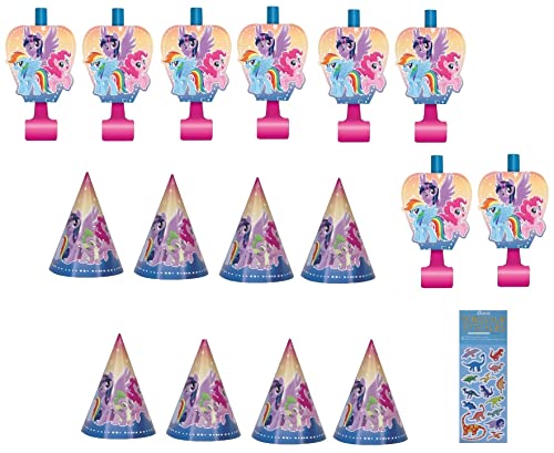 Unique My Little Pony Birthday Party Supplies Favor Bundle Pack Includes 8 Party Paper Hats, 8 Party Paper Blowouts and 1 Dinosaur Sticker Sheet