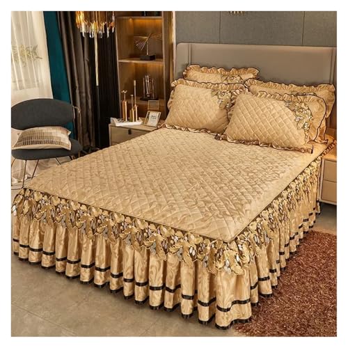 Faldones De Cama Colcha de Felpa cálida Invierno for Cama, Falda Gruesa, Juego algodón Bordado 3 Piezas con Fundas Almohada Dormitorio(Khaki,Full)