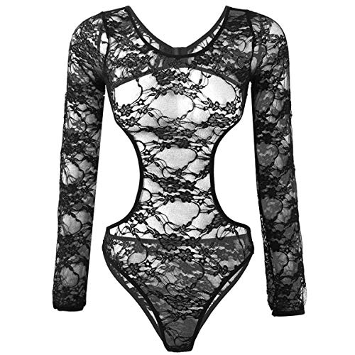 ACSUSS Womens Lingerie Lace Sheer Scoop Neck Long Sleeves Backless High Cut Leotard Bodysuit Black L