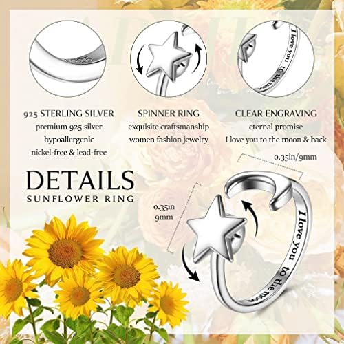 KALVICA 925 Sterling Silver Anxiety Ring for Women Spinner Fidget Rings for Anxiety Relief Stress Ring Moon Star Sunflower Opal Open Adjustable Ring Spinning Anti Anxiety Rotatable Ring