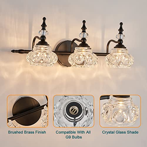 Zilanl Vintage Bathroom Vanity Light Fixture, 3 Lights Bathroom Lighting Painted Black Surface With Thick Crystal Glass Shade, Vintage Vanity Light For Bathroom #TOP3