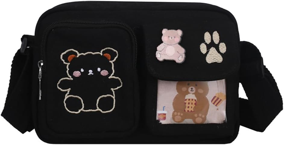 PORRASSO Borsa A Tracolla Con Orsetto: Zaino Borsa In Nylon Leggero E Capiente Per Ragazze, 30x10x27 Cm - 3