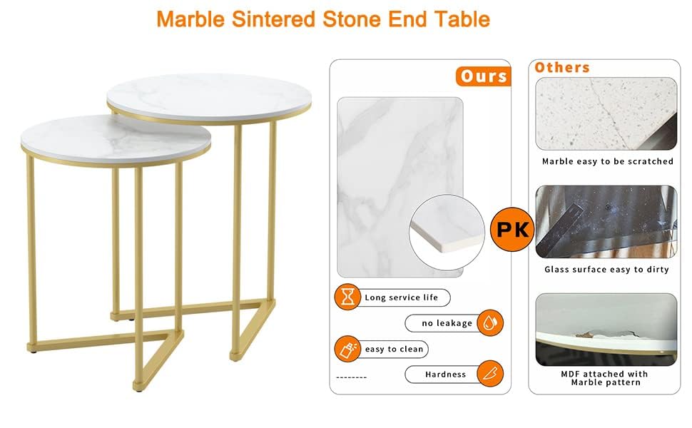 Image of Marble Top Side Table Gold 2 Nesting Small Sofa End Table Round Bedside High Gloss Sintered Marble Tabletop Golden Metal Leg Nested Accent Table Living Room Office (Style-3)