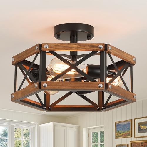 3-Light Rustic Farmhouse Wood Flush Mount Ceiling Light Fixture 14.5