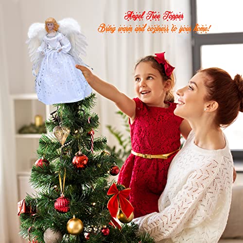 Christmas Angel Tree Topper With White Feather Wings,Christmas Tree Topper With Light For Tree Toppers Ornament Decoration(Silver) #TOP3