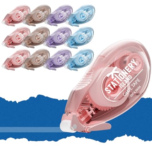 STATIONERY ISLAND Glue Tape Roller, 12 Pack Double Sided Tape Dispenser, Scrapbooking Supplies, 6mx8mm Adhesive Glue Roller Tape for Crafting, Cards, Photo, Journaling and Christmas Gifts Wrapping