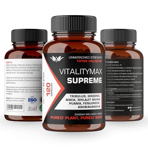 Vitality Max Supreme - Premium Vitality Health Supplement with Fenugreek, Panax Ginseng, Ashwagandha, Maca, Tribulus Terrestris, Himalayan Shilajit - 120 Vegan Supplements Capsules
