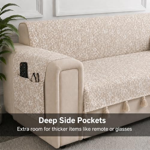 Image of STITCHNEST 'Verdant Phool Stories' 1 Seater Sofa Cover | Full Coverage with Armrest Pockets | Elegant Jacquard Fabric, Decorative Tassels, Washable & Durable for Modern Living