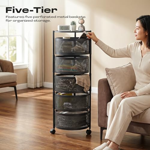 Image of Metal Multi-Purpose Trolley Kitchen Storage Organizer Rack Stand with 360 Wheels | 5 Layer Round Design | Kitchen Accessories Items for Fruit Vegetable Onion Rack for Kitchen (Black)