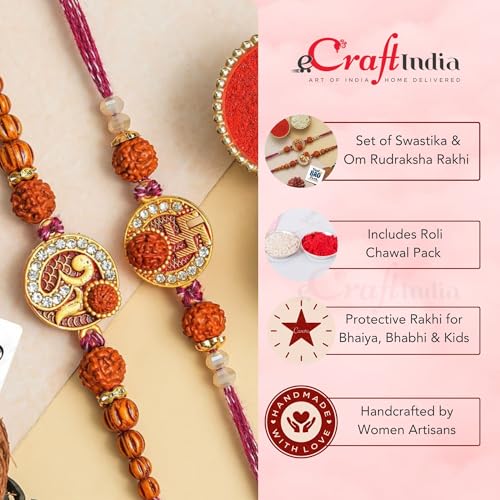 Image of eCraftIndia Om Swastika Rudraksha Rakhi Set of 2 | Rakhi for Brother Bhaiya Bhai with Best Bro Ever Fridge Magnet | Roli Chawal Pack
