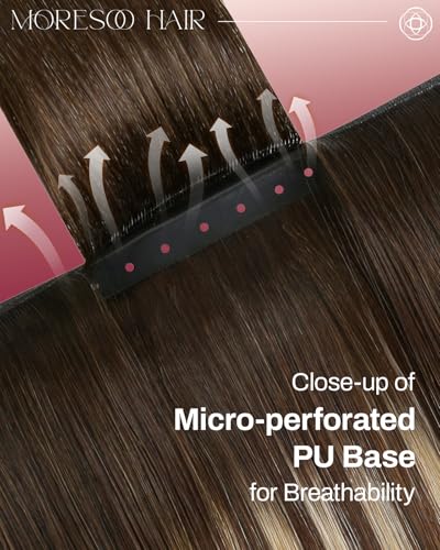 Image of Moresoo Butterfly Weft Hair Extensions Human Hair, Invisible Genius Weft, Medium Brown Mixed with Caramel Brown 16 Inch 80g, OVO PU Hole, Straight Soft Remy Hair, Simple Installation