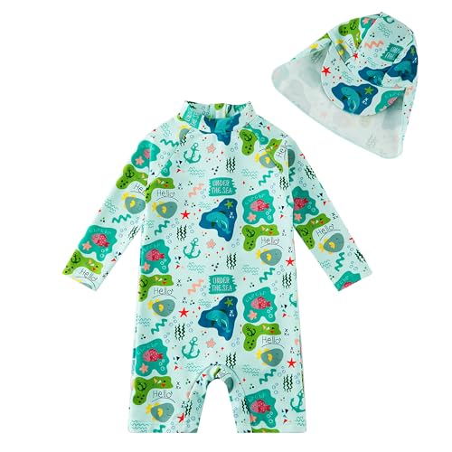 Image of upandfast Baby/Toddler Swimsuit UPF 50+ Sun Protection One Piece Zipper Bathing Suit with Sun Hat Infant Beach Swimwear