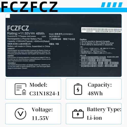 Image of C31N1824-1 Battery 48Wh 4160mAh Replacement for ASUS Chromebook C425 C425T C425TA Chromebook Flip C433 C433T C433TA Series 0B200-03550000 3ICP3 /91 /91 11.55V