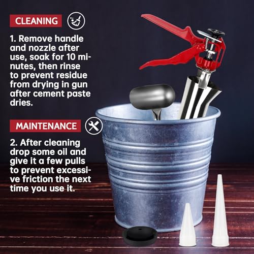 EXLECO Mortar Gun Stainless Steel Grout Gun for Mortar Press Mortar Syringe Joint Sprayer with 4 Nozzles 1 Replacement Rubber Piston 1 Spoon Concrete Hand Mortar Pump for Brick Tips and Tiles - Image 3