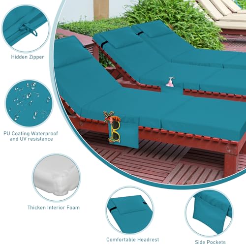 Bucherry 2 Pcs Chaise Lounge Cushions Outdoor with Headrest and Side Pocket Waterproof Chair Cushions Fade Resistant Patio Replacement Cushion Outdoor Furniture Pool 72 x 21 x 3 Inch(Lake Blue)