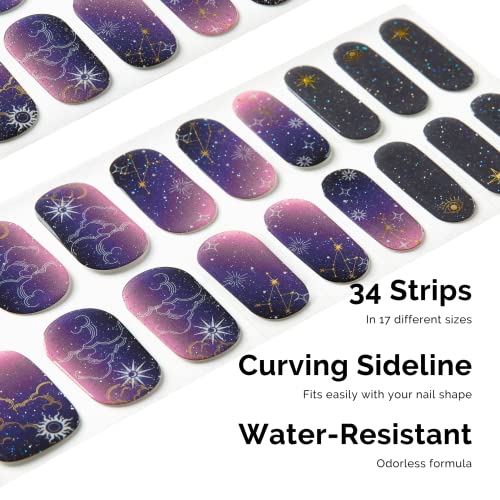 Nailog Semi Cured Gel Nail Strips 34 Pcs | Long Lasting Nail Polish Sticker Wraps With Glossy Gel Finish | Constellation #TOP1