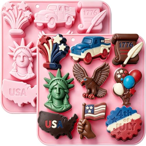 Independence Day Chocolate Molds 2 Pack, Patriotic 4th of July Silicone Candy Molds with Statue of Liberty American Flag Eagle Stars for Cake Decorating, Jello, Ice Cubes, Candles, Soap & Resin Craft