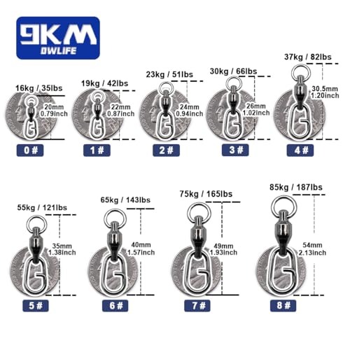 9KM DWLIFE Ball Bearing Fishing Swivels Snaps with Oval Split Rings, Power Snaps Quick Change Fishing Lure Rings Connector （1# A-25pcs） - Thumbnail 6