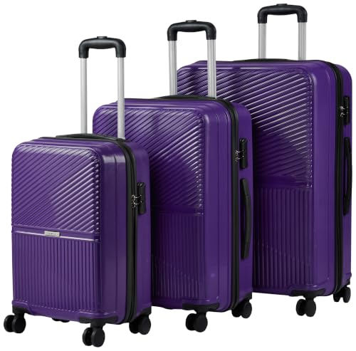 Image of Teakwood Set of 3 8 Wheels Trolley Bag, Hard Cabin with Zipper Closure, Adjustable Push Button & Cross Side Strap, Number Lock System 360 Degree (Set of 3, Purple)
