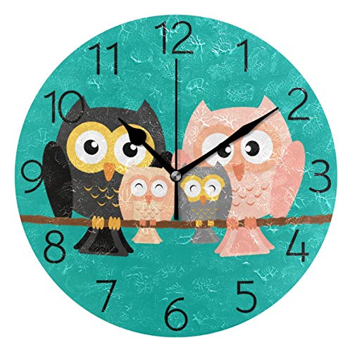 susiyo Lovely Owl Family Wall Clock 9.8 Inch Silent Round Wall Clock Battery Operated Non Ticking Cr