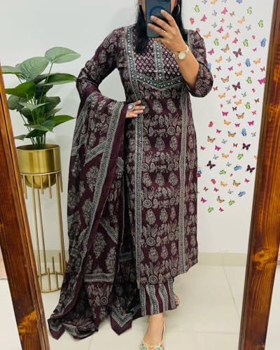Image of krisjan|Women's Pure Cotton Printed with Handwork Kurta with Pants and Dupatta Set | Ethnic Set | Suit Set | Kurta Set | Wedding Suit Set
