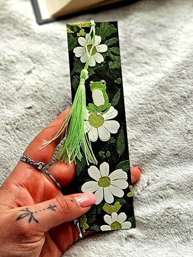 Image of Froggy Bloom Cute Frog Bookmark with Tassel | Floral Daisy Aesthetic Page Marker for Books | Gift for Book Lovers, Students, Girls | Durable Bioplastic