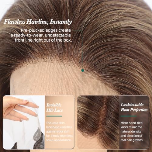 Image of 5x5 Lace Front Wigs for women,Human Hair Blonde Straight Glueless with Free Part & Pre Plucked Natural Hairline 16 Inch(Brown with Blonde Highlights)