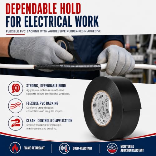 Image of GGR Supplies EL7566-AW Professional Grade Black PVC Electrical Tape, 3 /8 Inch x 66 Feet, 8 Mil, UL /CSA /CE Listed, 600V Flame-Retardant Tape for Wire Insulation, Splicing, Bundling and Maintenance