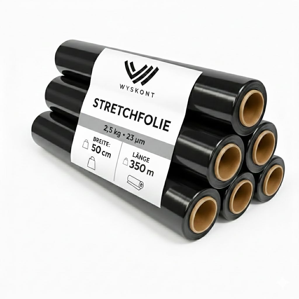 Stretchfolie 23 µm – 2,5 kg • 2,2 KG netto • 250 m • 50 cm Breite | Premium-Handstretchfolie für Verpackung, Paletten, Umzug & Versand | Reißfest, elastisch | Industriequalität | Schwarz | 6 Stück