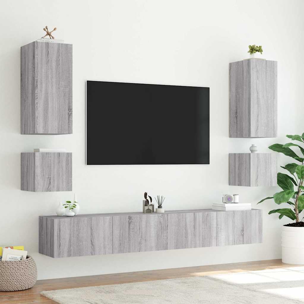 Ścienne szafki TV z LED 2 sztuk szary dąb sonoma 40,5x35x40cm wiszące szafki RTV z oświetleniem RGB do przechowywania i dekoracji ściennej