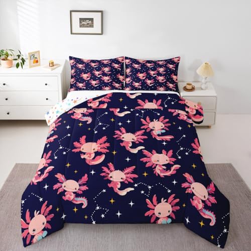 Erosebridal Cute Axolotl Comforter Set Kawaii Bedding Set for Kids Boys Girls Teen Aesthetic Pink Room Decorations,King Glitter Starry Stars Quilt Cartoon Ocean Salamander Duvet Insert