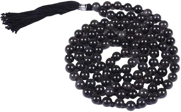 INFINITY GEMS Natural AAA Natural AAA Black Obsidian 108 Mala Necklace| Mala|108 Prayer Beaded Mala Necklace| Hand knotted Mala Bracelet | Japa Mala| 8mm Round Beads| Meditation Tassel, ABC-162