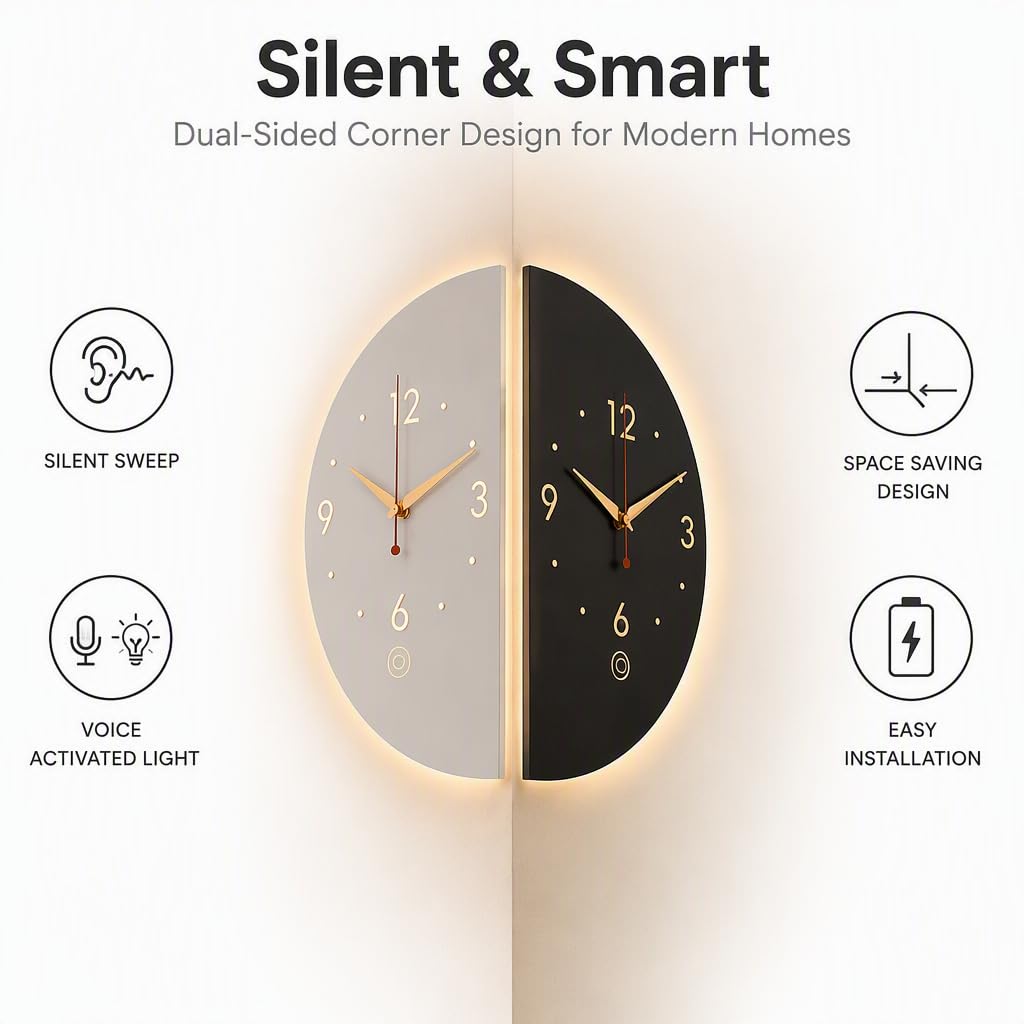 Orologio da Parete angolare con Luce, Orologio Luminoso bifacciale per Soggiorno, Camera da Letto e Ufficio. (7.3 * 14.2in)