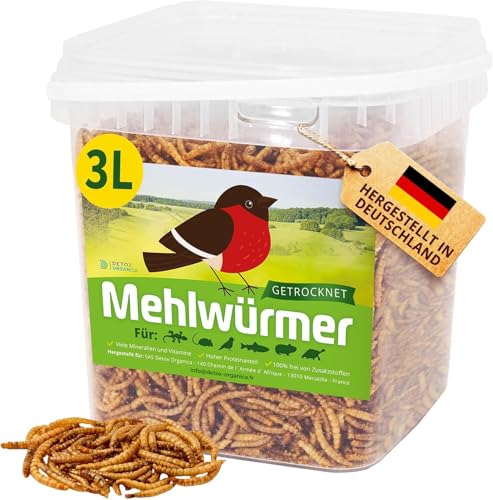Detox Organica Mehlwürmer Getrocknet, 3L getrocknete Mehlwürmer mit sehr hohem Proteingehalt, Würmer für Reptilien, Vögel, Wildvögel, Igel, Fische, Schildkröten & Nager 460g – Premium Qualität