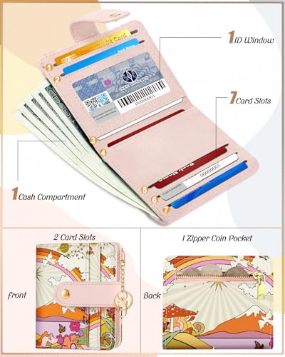 Image of Bistup Small Card Wallet for Women with Keychain, Rainbow & Sun | Clear ID Window, Compact Design for Daily Carry, Durable Material, Sturdy Keychain, Aesthetic
