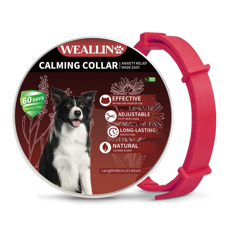 WEALLIN Collare Calmante Anti-Ansia per Cani, Regolabile e Impermeabile, Feromoni Naturali 60 Giorni per Cuccioli e Cani di Grossa Taglia (1pz, Rosso)