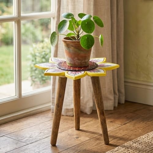 Image of Multicolor Antique Wooden fold-able Side Table /end Table /Plant Stand /Stool Living Room Kids Play Furniture Table Sunflower Shape